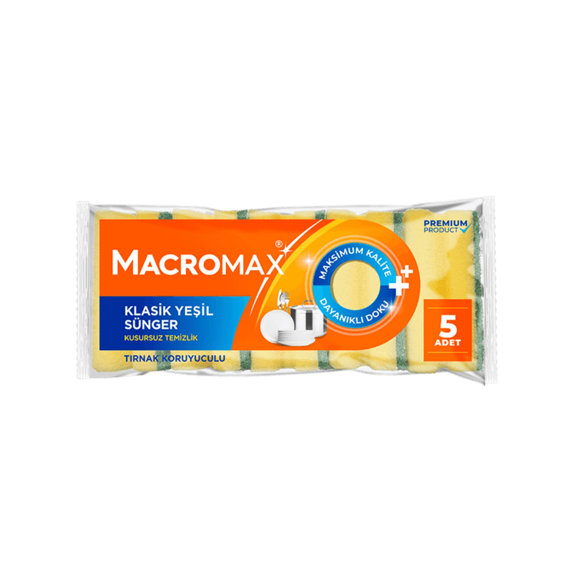 MACROMAX - BULAŞIK SÜNGERİ KLASİK YEŞİL TIRNAK KORUYUCULU 5 ADETLİ 1 PAKET