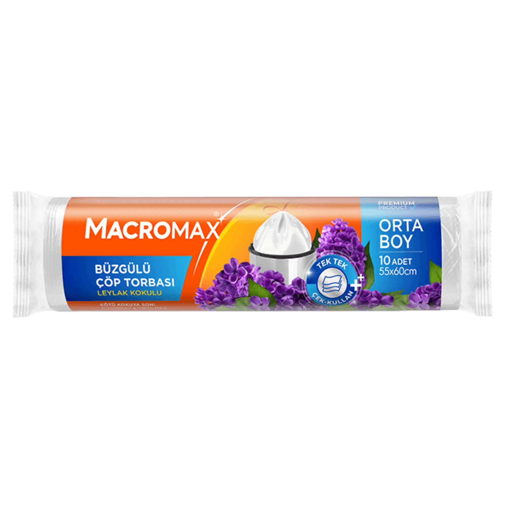 MACROMAX - ÇÖP TORBASI BÜZGÜLÜ LEYLAK KOKULU ORTA BOY 55X60 10 YAPRAK 1 RULO