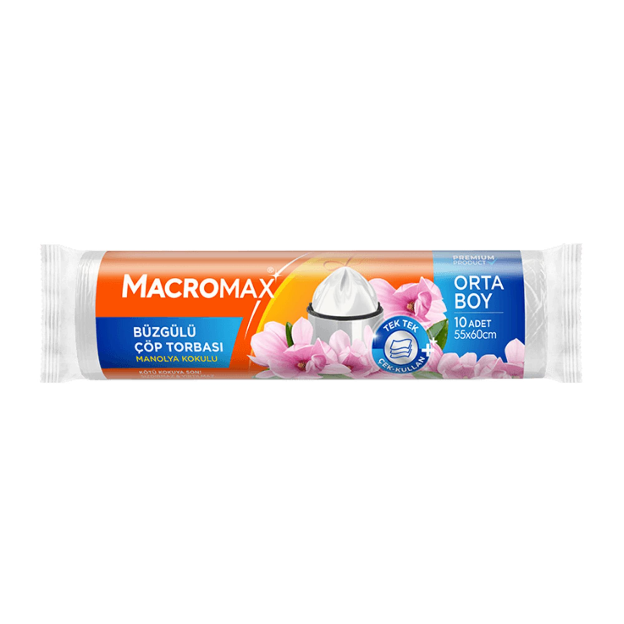 MACROMAX - ÇÖP TORBASI BÜZGÜLÜ MANOLYA KOKULU ORTA BOY 55X60 10 YAPRAK 1 RULO