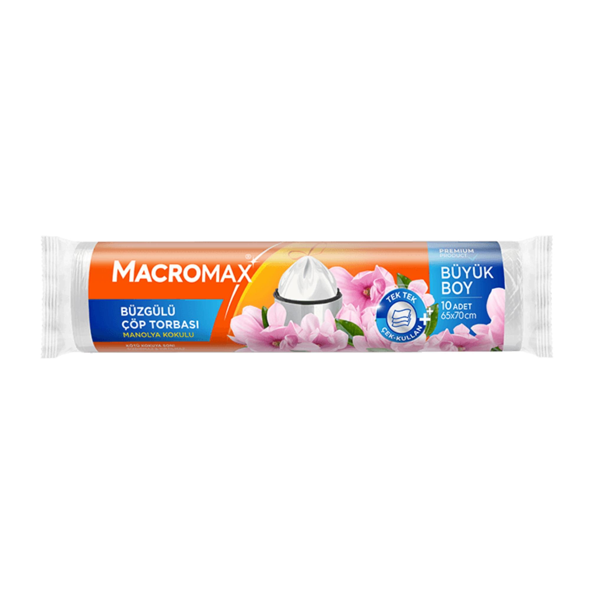 MACROMAX - ÇÖP TORBASI BÜZGÜLÜ MANOLYA KOKULU BÜYÜK BOY 65X70 10 YAPRAK 1 RULO