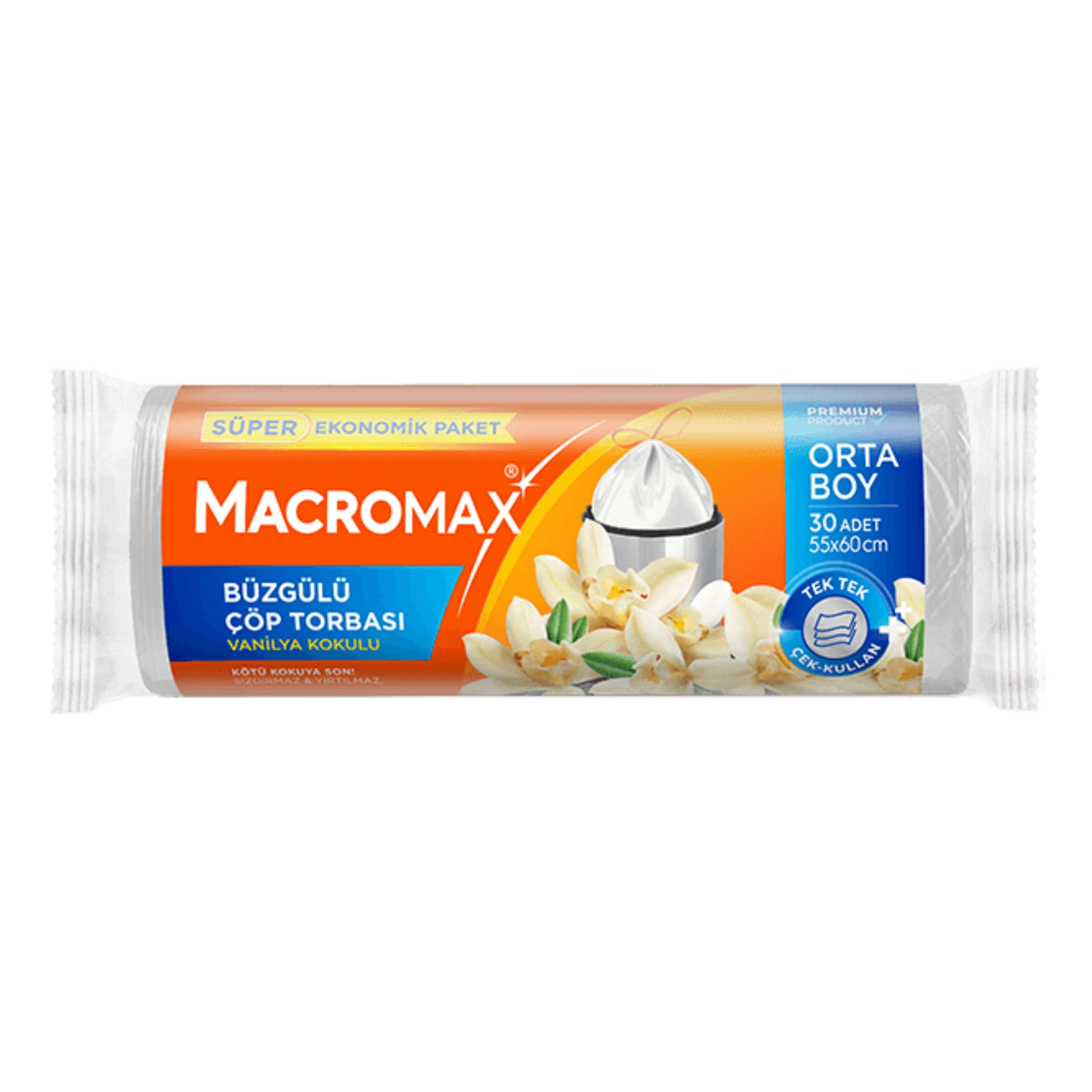 MACROMAX - ÇÖP TORBASI BÜZGÜLÜ VANİLYA KOKULU ORTA BOY 55X60 30 YAPRAK 1 RULO