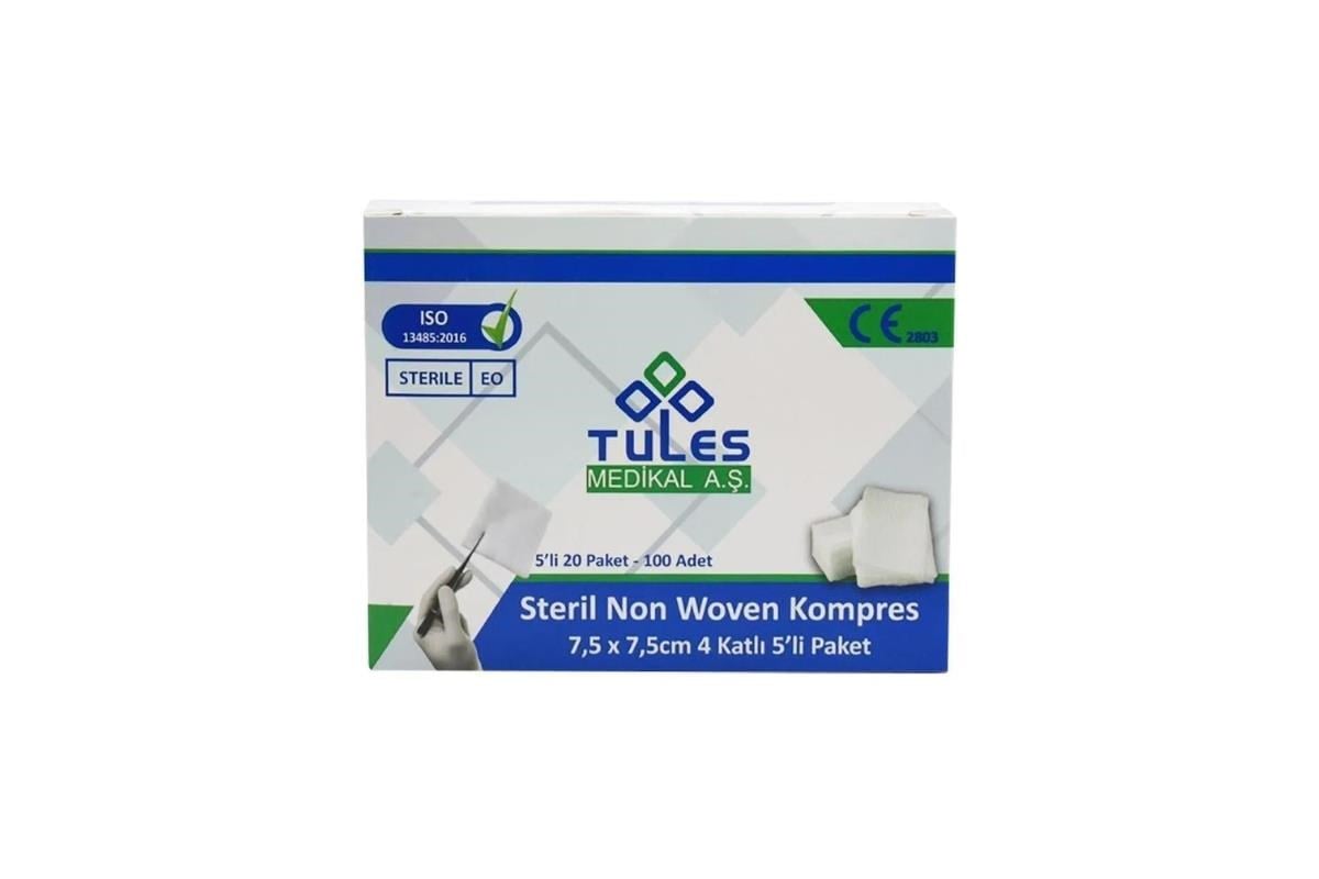 TULES - STERİL NON WOVEN KOMPRESS 7,5CM X 7,5CM 4 KAT 5Lİ 20 PAKET