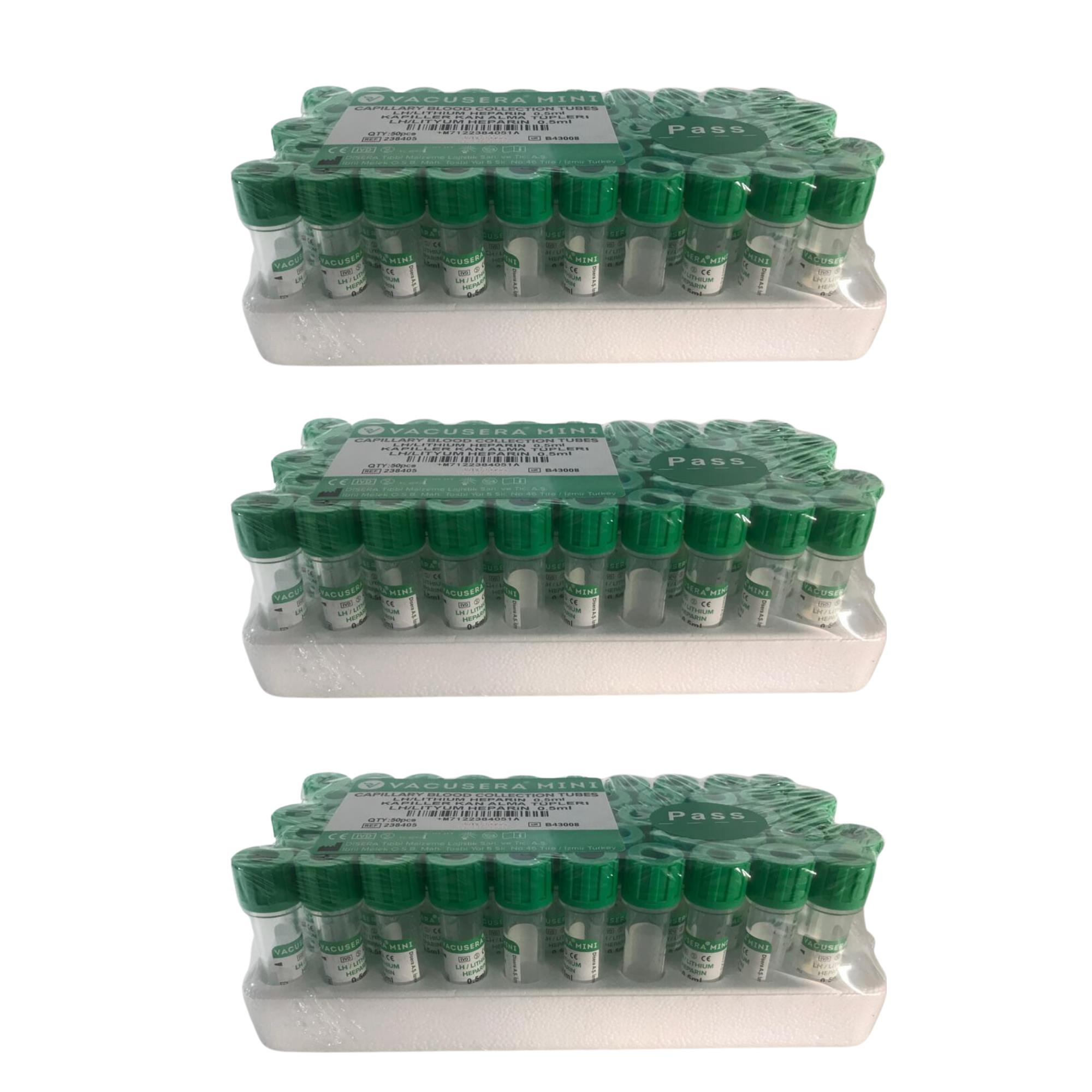 VACUSERA - KAN TÜPÜ PEDİATRİK 0.5 ML YEŞİL LİTYUM HEPARİNLİ - 50Lİ 3 PAKET