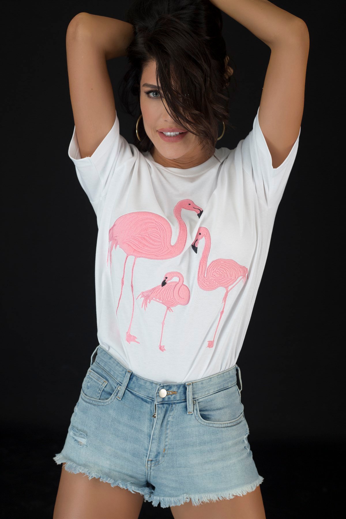 SAMPLE999 Peluş Flamingo İşlenmiş Beyaz Kadın Tshirt