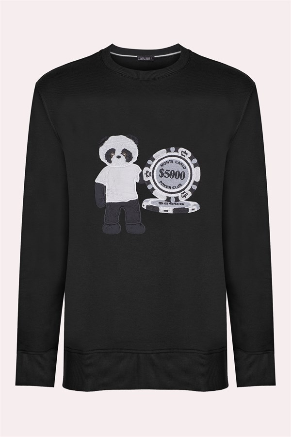 SAMPLE999 Çipli Peluş Panda İşlenmiş Siyah Erkek Sweatshirt