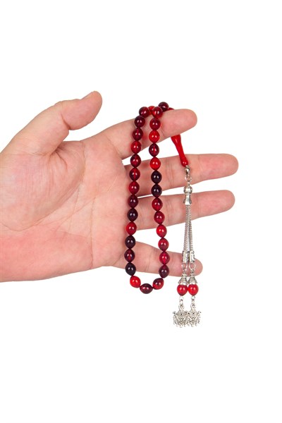 Alpaka Püsküllü 8x10mm Sığırcık Kesim Toz Kehribah Tesbih - Kırmızı