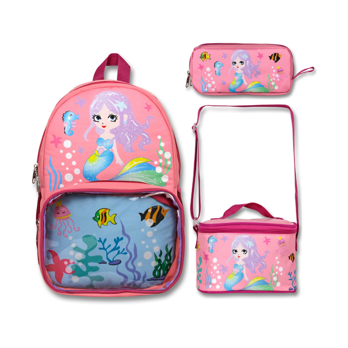 Famebag-Ümit Çanta Şeffaf Bölmeli Pembe Deniz Kızı Okul Çantası Beslenme Ve Kalem Çantası Seti