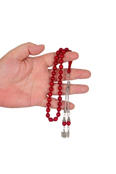 Alpaka Püsküllü 8x10mm Sığırcık Kesim Toz Kehribah Tesbih - Bordo