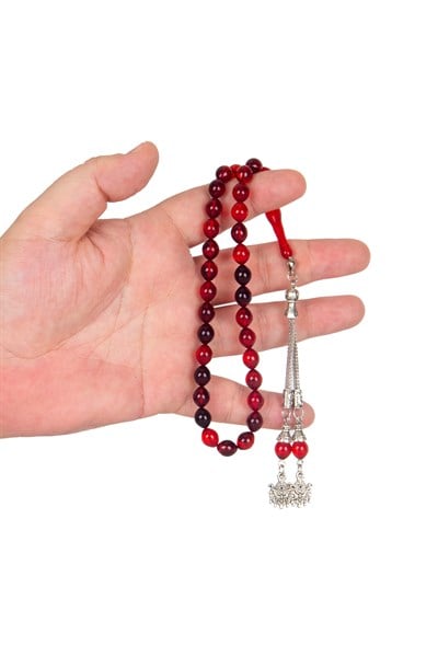 Alpaka Püsküllü 8x10mm Sığırcık Kesim Toz Kehribah Tesbih - Kırmızı
