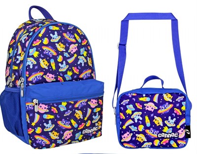 Famebag-Ümit Çanta-Cennec Mavi Sevimli Gezegen Desenli  Çocuk İlkokul Çantası- Beslenme Çantası Seti