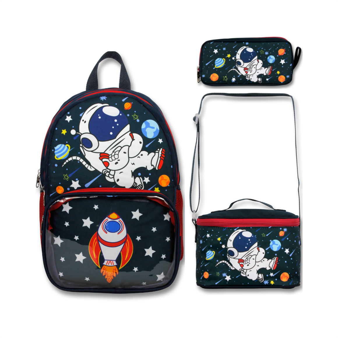 Famebag-Ümit Çanta Lisanslı Siyah Kırmızı Astronot Sırt Çantası- Beslenme Ve Kalem Çantası Seti