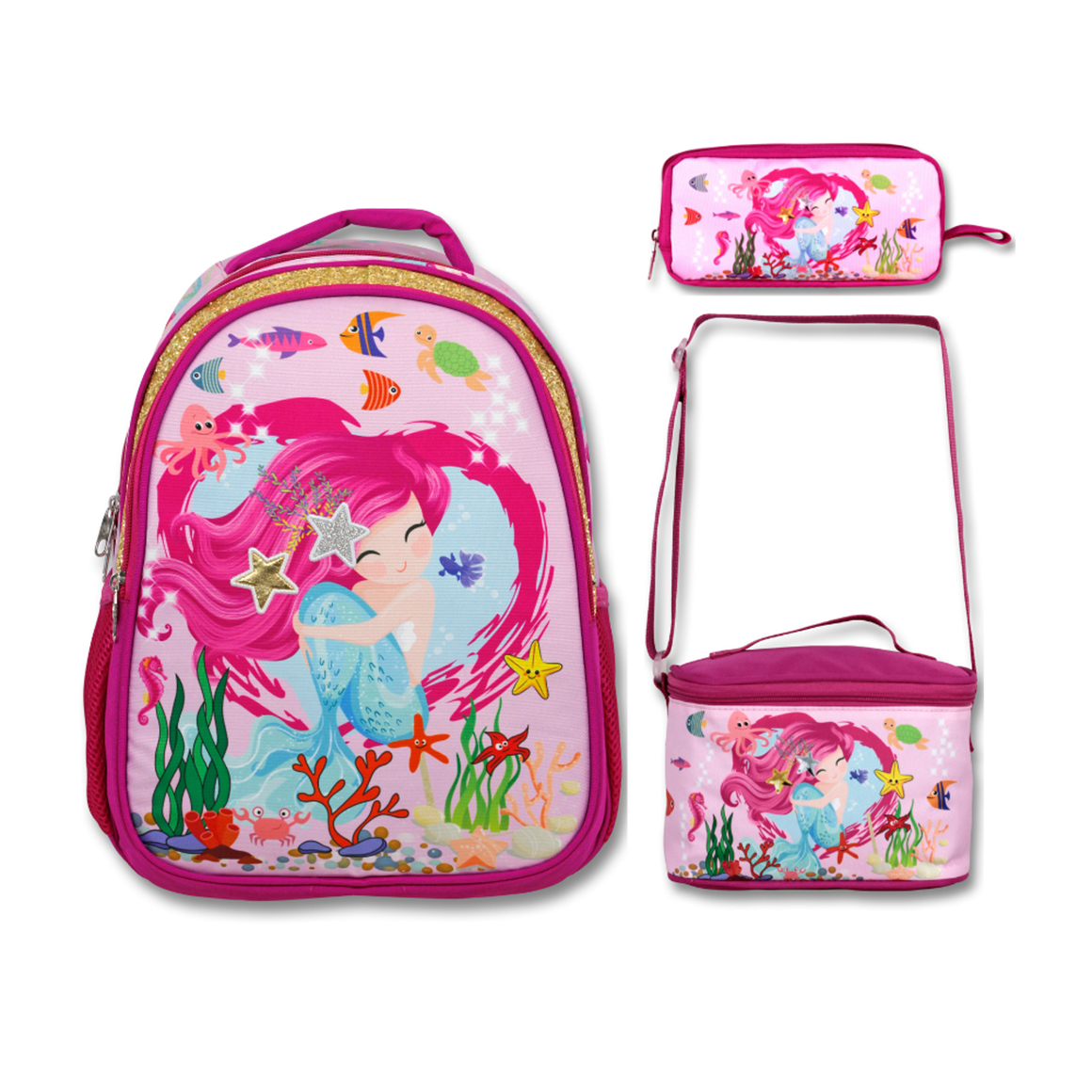 Famebag-Ümit Çanta Pembe Deniz Kızı Okul Çantası Beslenme Ve Kalem Çantası Seti