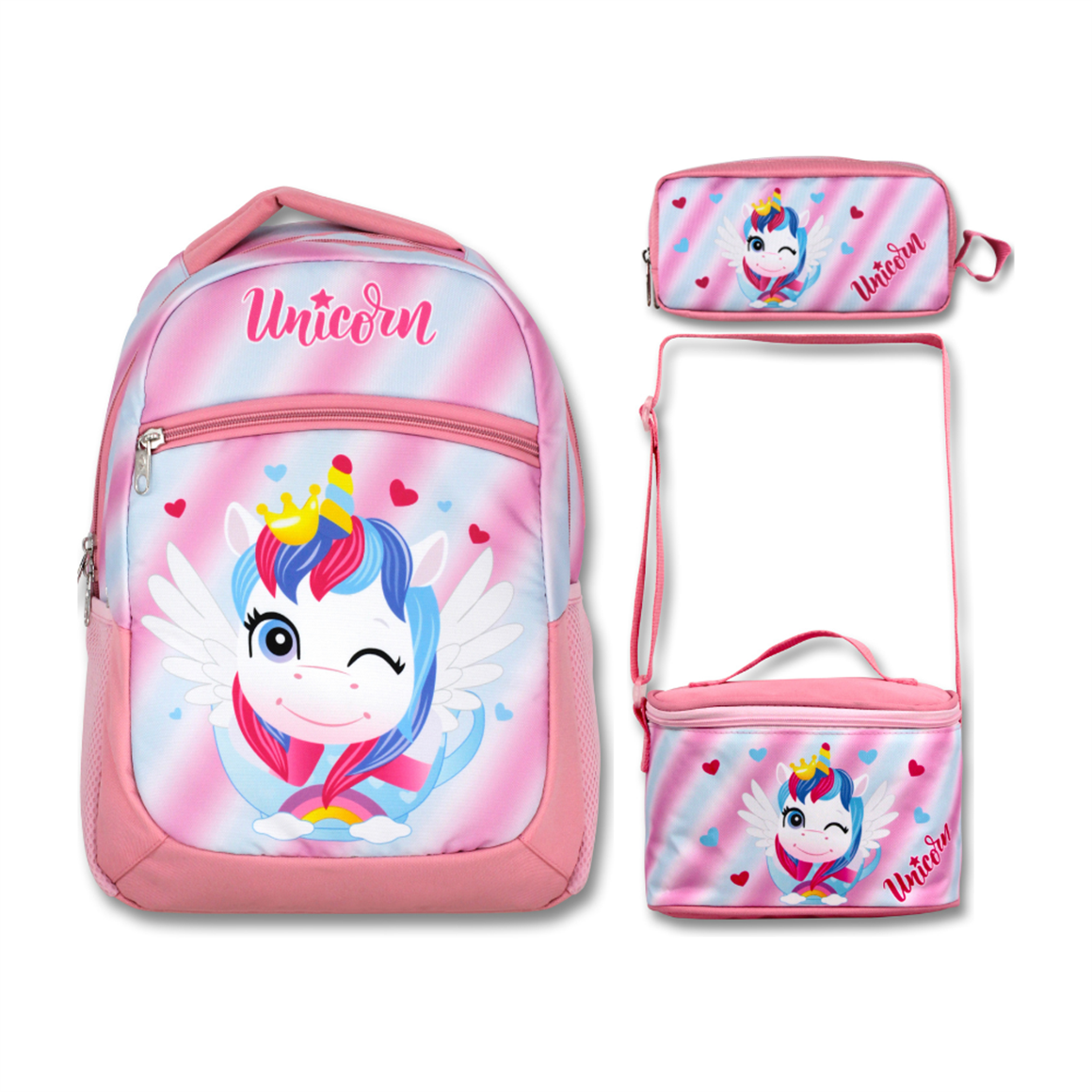 Famebag-Ümit Çanta Pembe Sevimli Unicorn Okul Çantası Beslenme Ve Kalem Çantası Seti