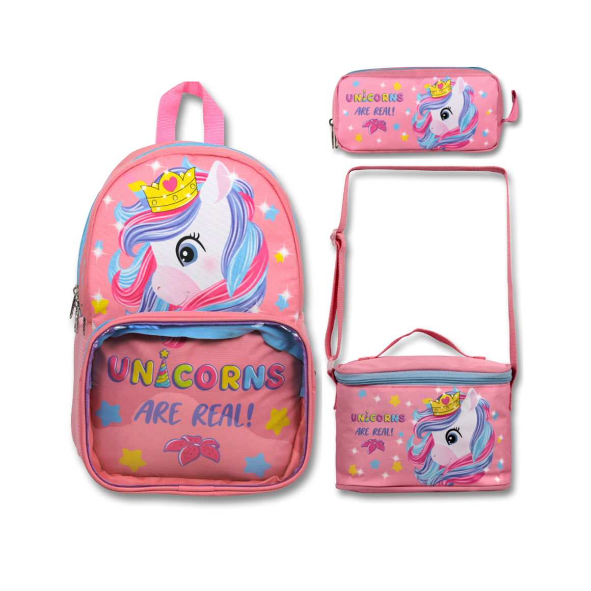 Famebag-Ümit Çanta Şeffaf Bölmeli Pembe Unicorn Okul Çantası Beslenme Ve Kalem Çantası Seti