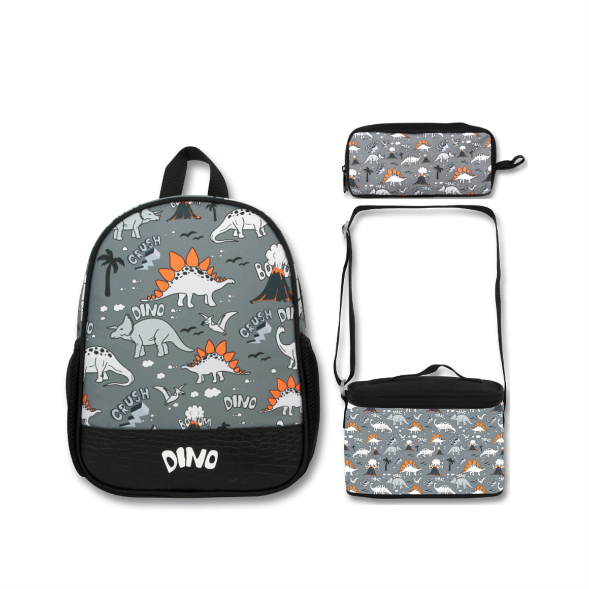 Famebag-Ümit Çanta Siyah Gri Dinazor Anaokulu Çantası Beslenme Ve Kalem Çantası Seti