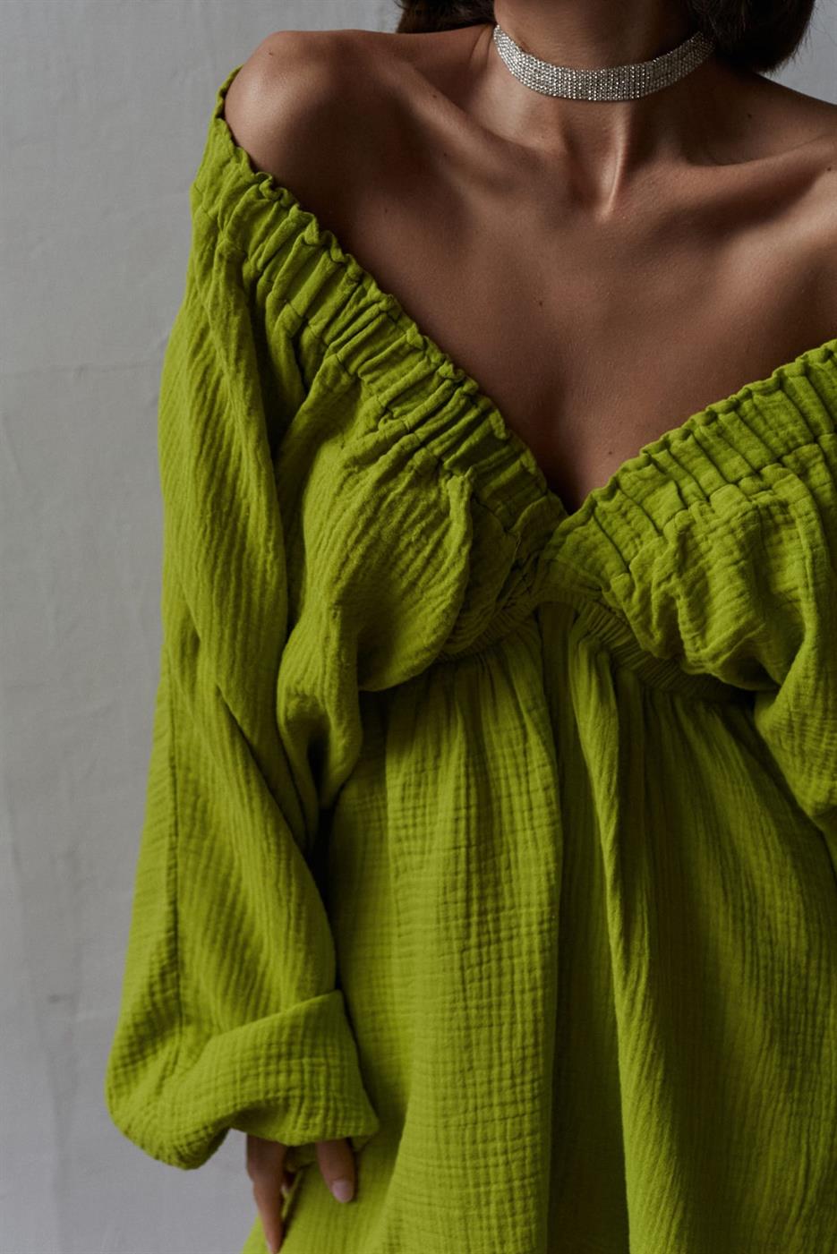 Bohemai Grace Fıstık Yeşili Müslin Elbise