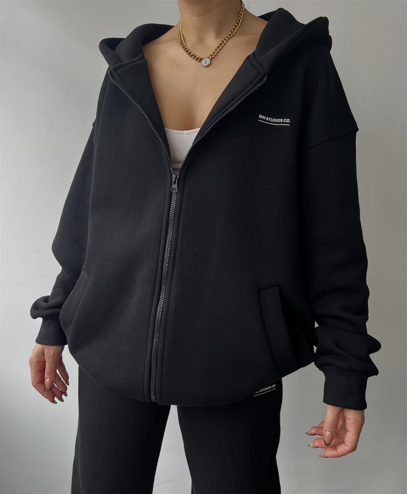 Zipper Hoodie Siyah Oversize E ofman Tak m