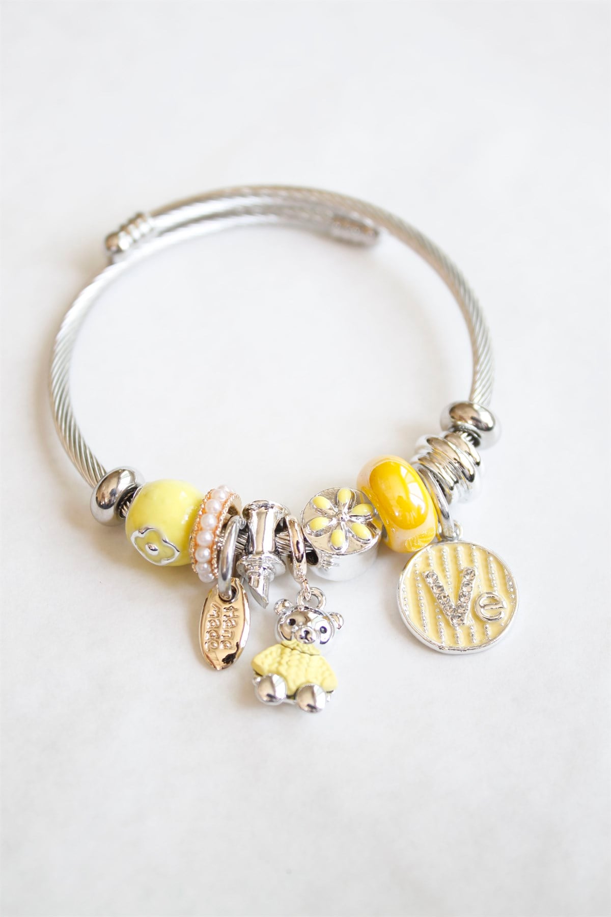 Ayıcık Detaylı Çelik Pandora Charm Bİleklik Sarı