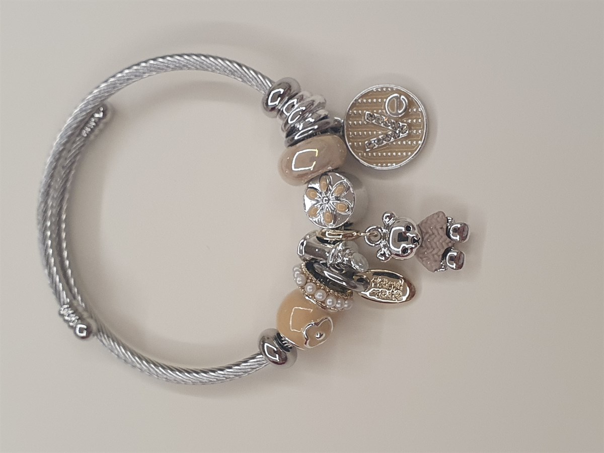 Ayıcık Detaylı Çelik Pandora Charm Bileklik Kahve