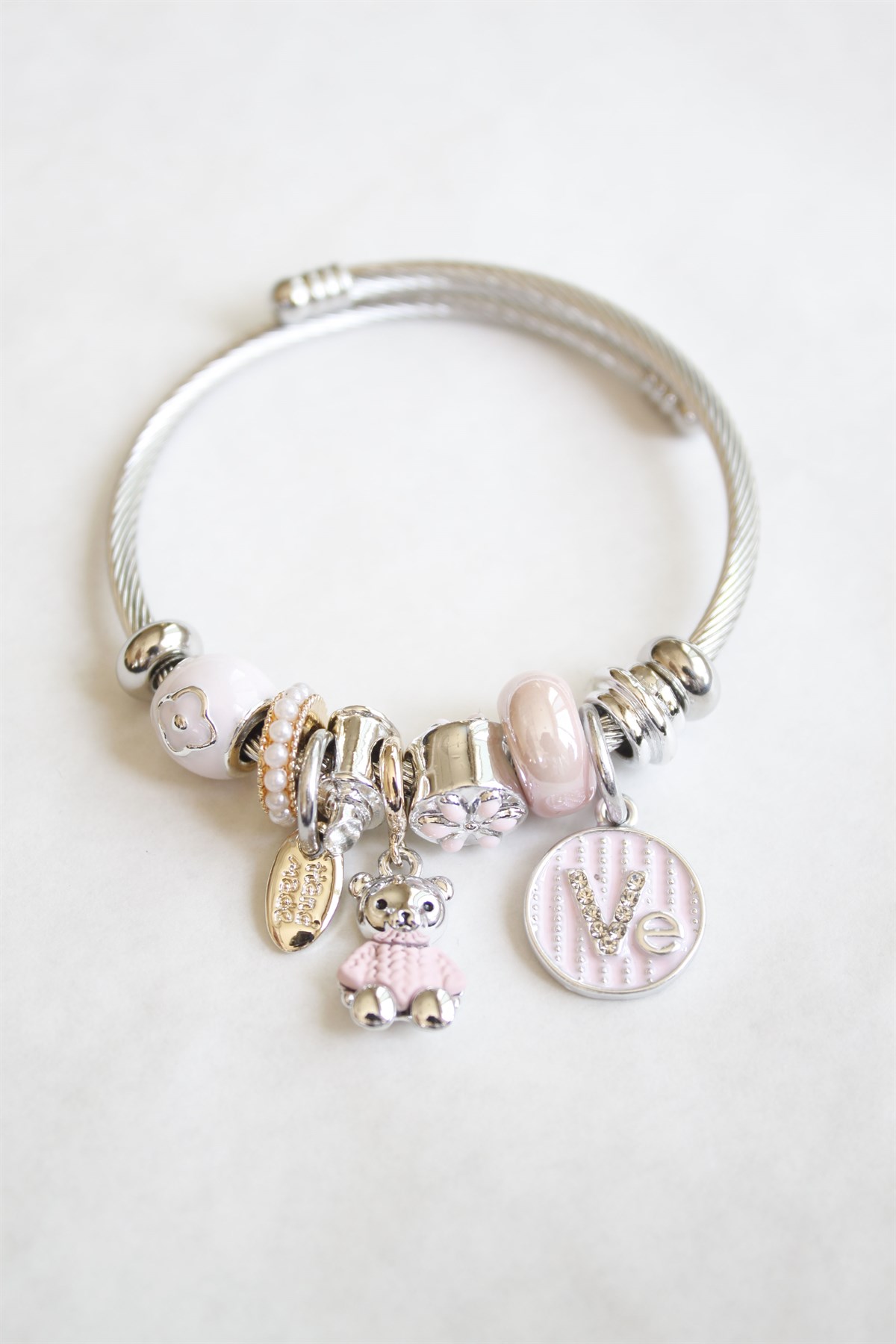 Ayıcık Detaylı Çelik Pandora Charm Bileklik Pembe