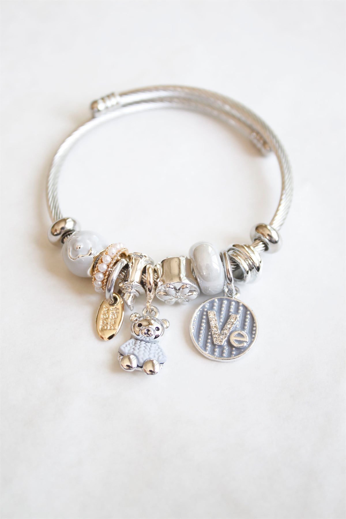 Ayıcık Detaylı Çelik Pandora Charm Bileklik Mavi