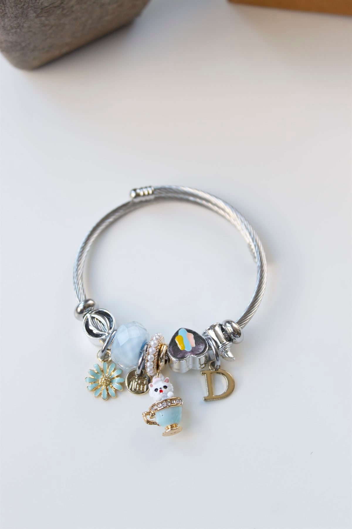 Kedi Detaylı Pandora Charm Bileklik Mavi