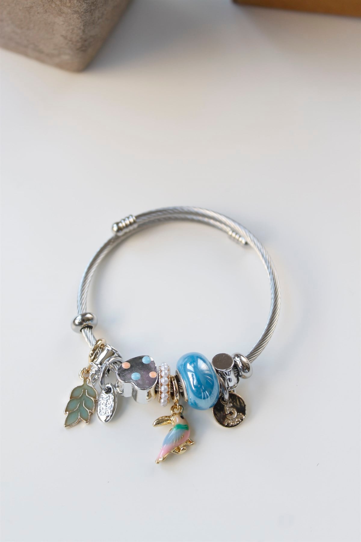 Kuş Detaylı Çelik Pandora Charm Bileklik Mavi