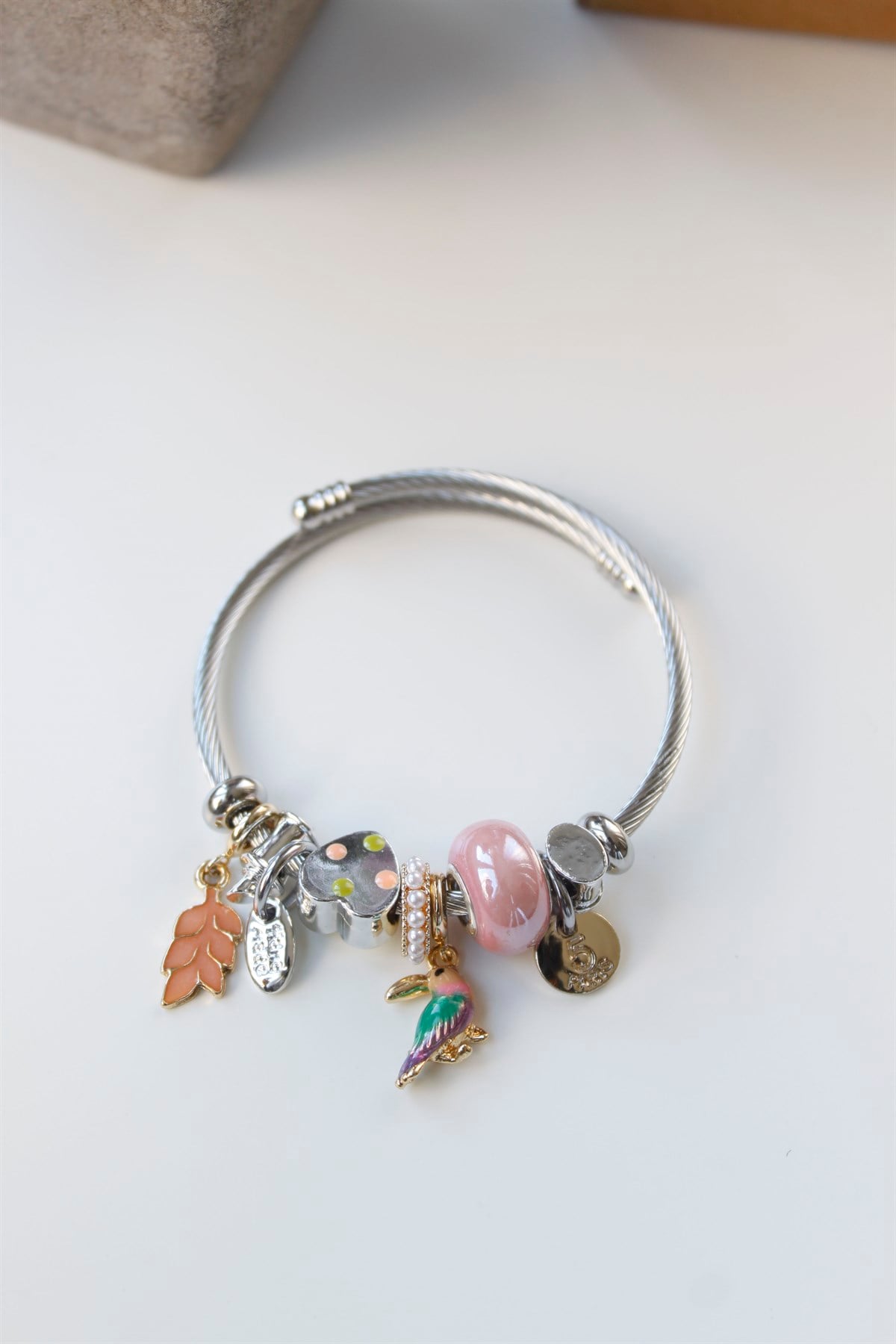 Kuş Detaylı Çelik Pandora Charm Bileklik Pembe
