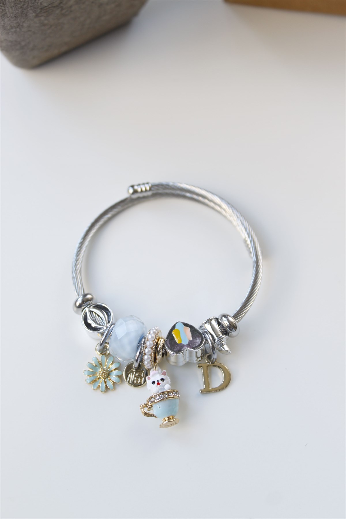 Kedi Detaylı Pandora Charm Bileklik Mavi