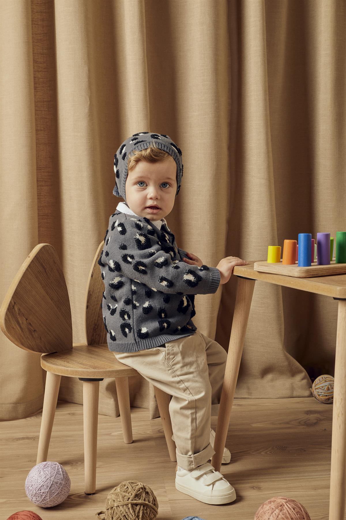 Füme Organik Pamuk Leopar Desen Şapkalı Hırka Set