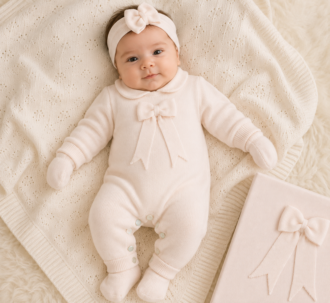 Kız Bebek Ekru Fiyonk Detaylı Organik Pamuk Triko Yeni Doğan Seti