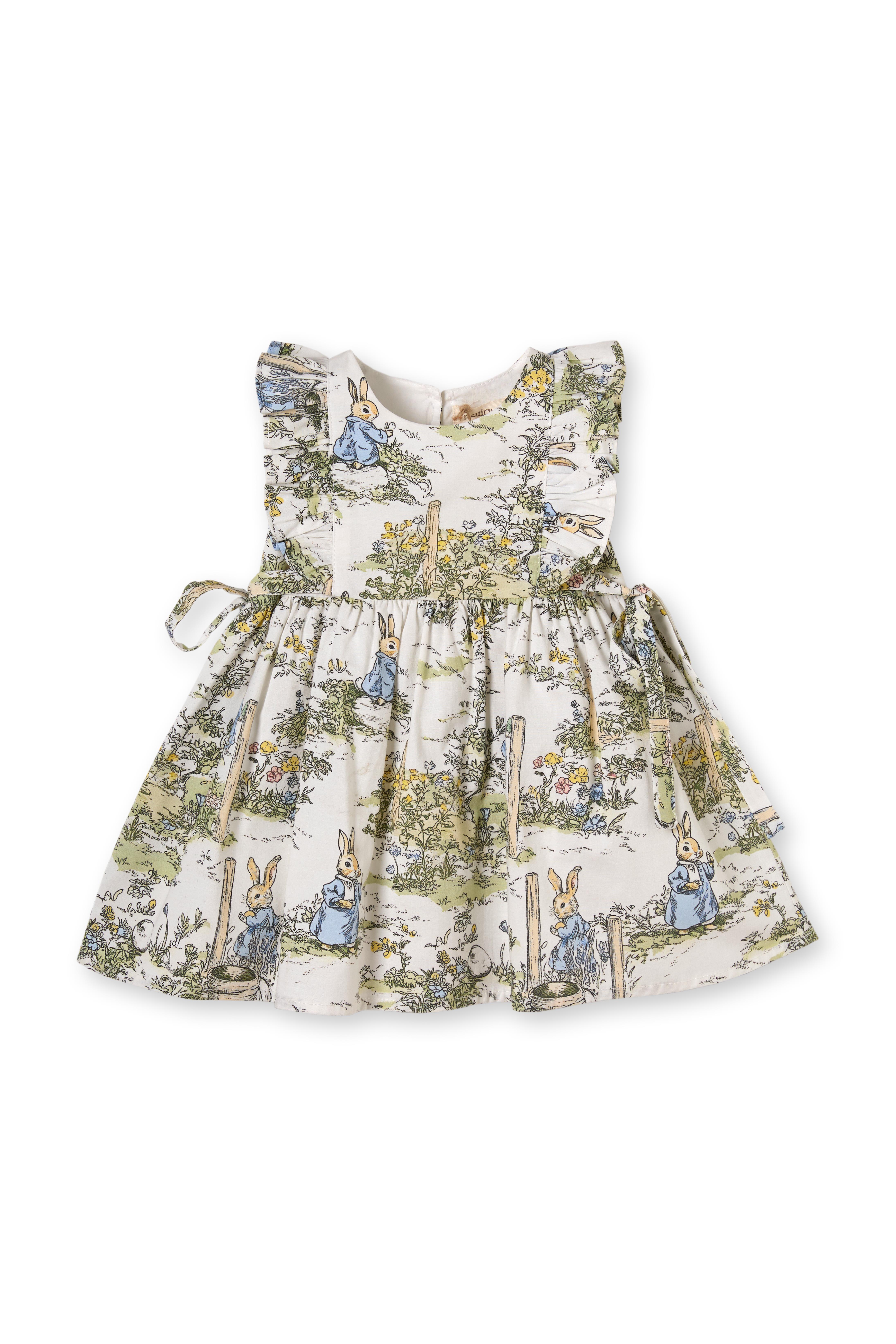 Krem Tavşan Desenli Büzgülü Pamuklu Kız Çocuk Elbise
