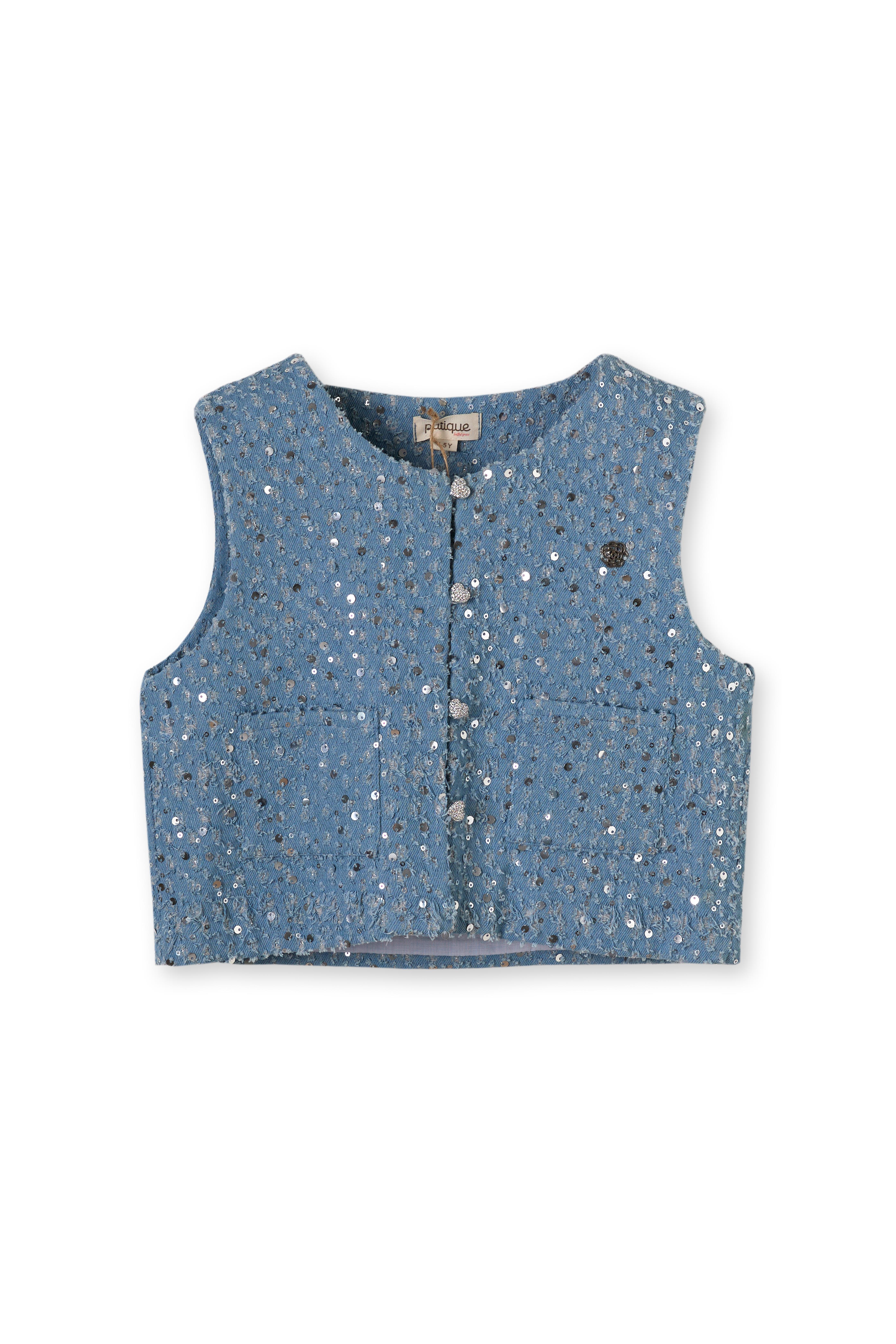 Mavi Payetli Denim Pamuklu Kız Çocuk Yelek