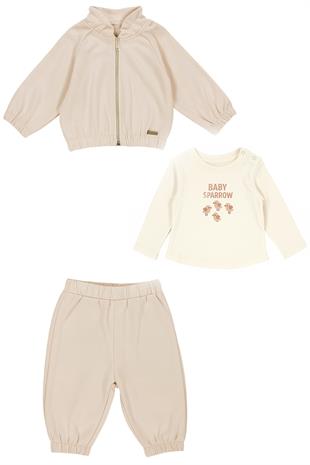 Açık Pembe Kuş Desenli Organik Pamuklu Kız Çocuk Üçlü Eşofman Takımı