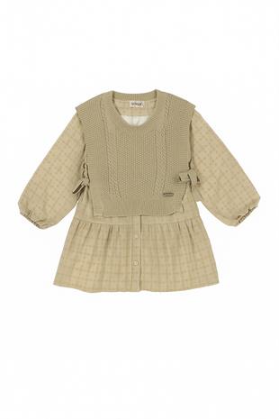 Bej Brode Süveterli Örgü Detaylı Kız Çocuk Elbise