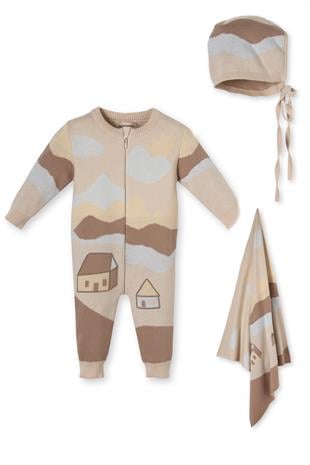 Bej Ev Desenli Triko Organik Pamuk Unisex Yenidoğan Bebek Tulum Takımı