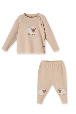 Bej Koyun Nakışlı Düğmeli İkili Organik Pamuk Triko Unisex Bebek Takım