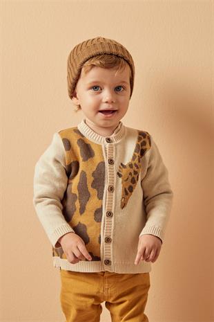 Bej Organik Pamuk Zürafa Desenli Kazak