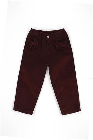 Bordo Kadife Cepli Fiyonk Süslü Beli Lastikli Kız Çocuk Pantolon
