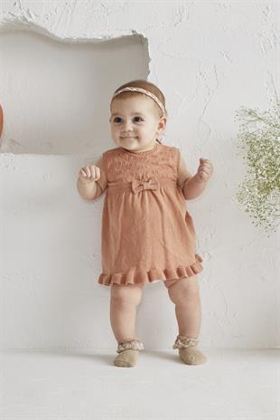 Gül Kurusu Bebek Organik Pamuk Fırfırlı Ajurlu Kolsuz Elbise