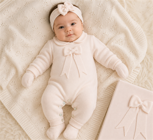 Kız Bebek Ekru Fiyonk Detaylı Organik Pamuk Triko Yeni Doğan Seti