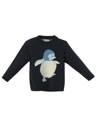Lacivert Organik Pamuk Penguen Desenli Kazak
