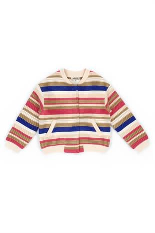 Pembe Rengarenk Çizgili Düğmeli Organik Pamuklu Triko Kız Çocuk Ceket Hırka