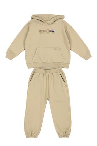 Sütlü Kahve Ayıcık Baskılı Organik Pamuklu Erkek Çocuk Eşofman Takımı