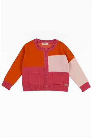 Turuncu Pembe Blok Desenli Bisiklet Yaka Düğmeli Pamuklu Kız Çocuk Hırka