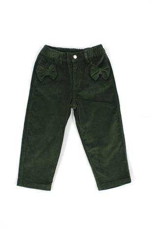 Yeşil Kadife Cepli Fiyonk Süslü Beli Lastikli Kız Çocuk Pantolon
