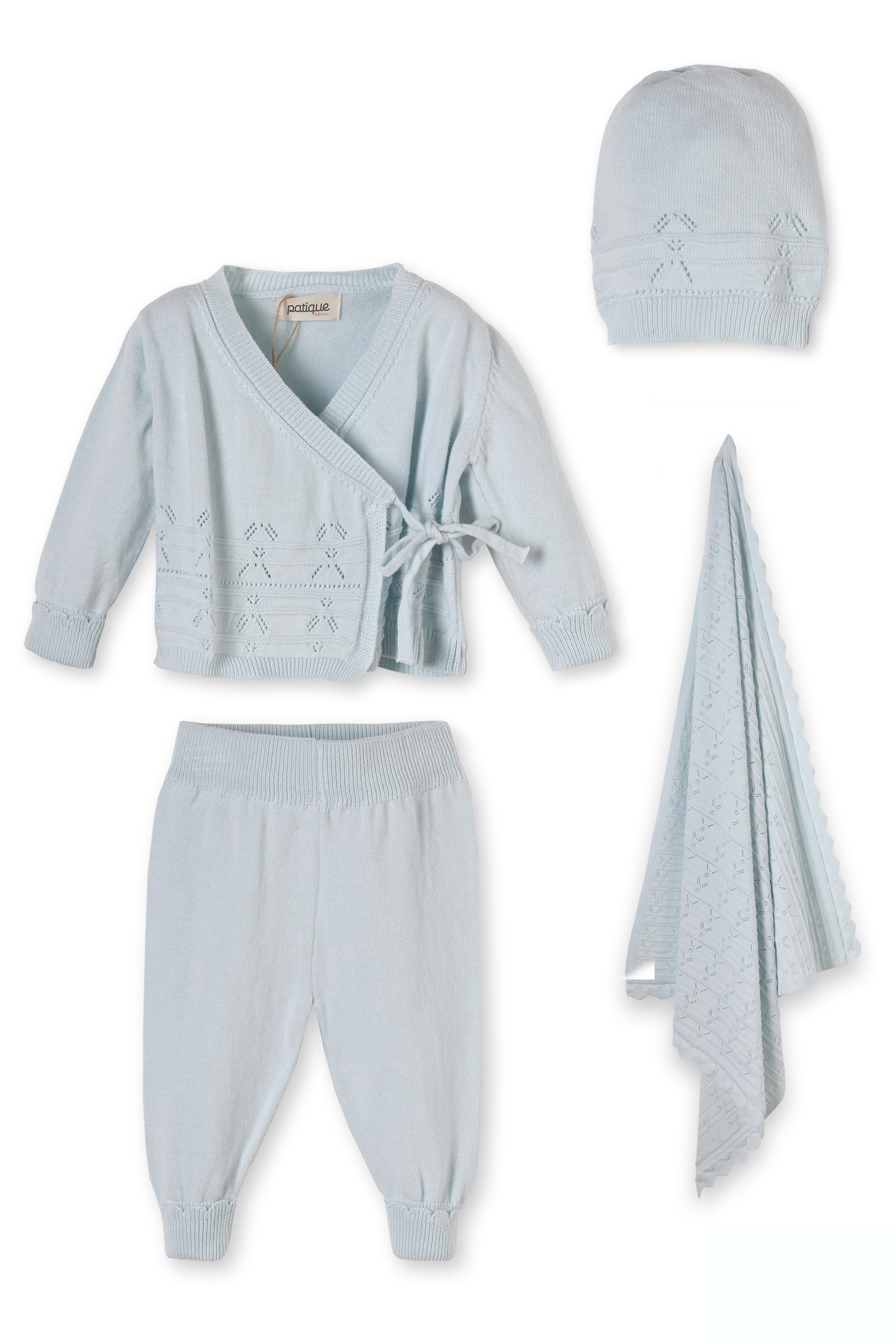 Bebek Mavisi Organik Pamuklu Dört Parça Yenidoğan Triko Erkek Bebek Takımı