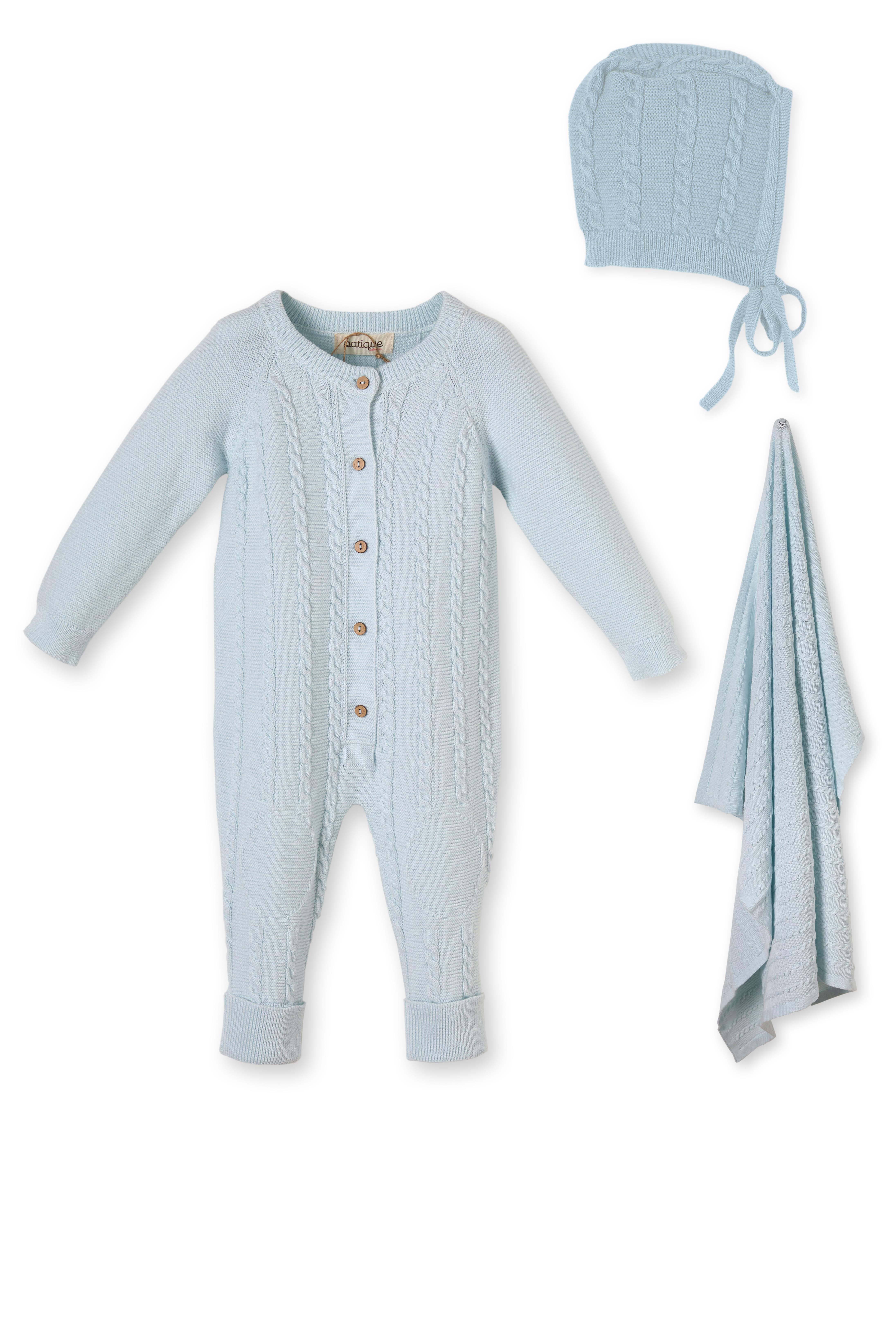 Bebek Mavisi Örgü Triko Organik Pamuk Yenidoğan Erkek Bebek Tulum Takımı