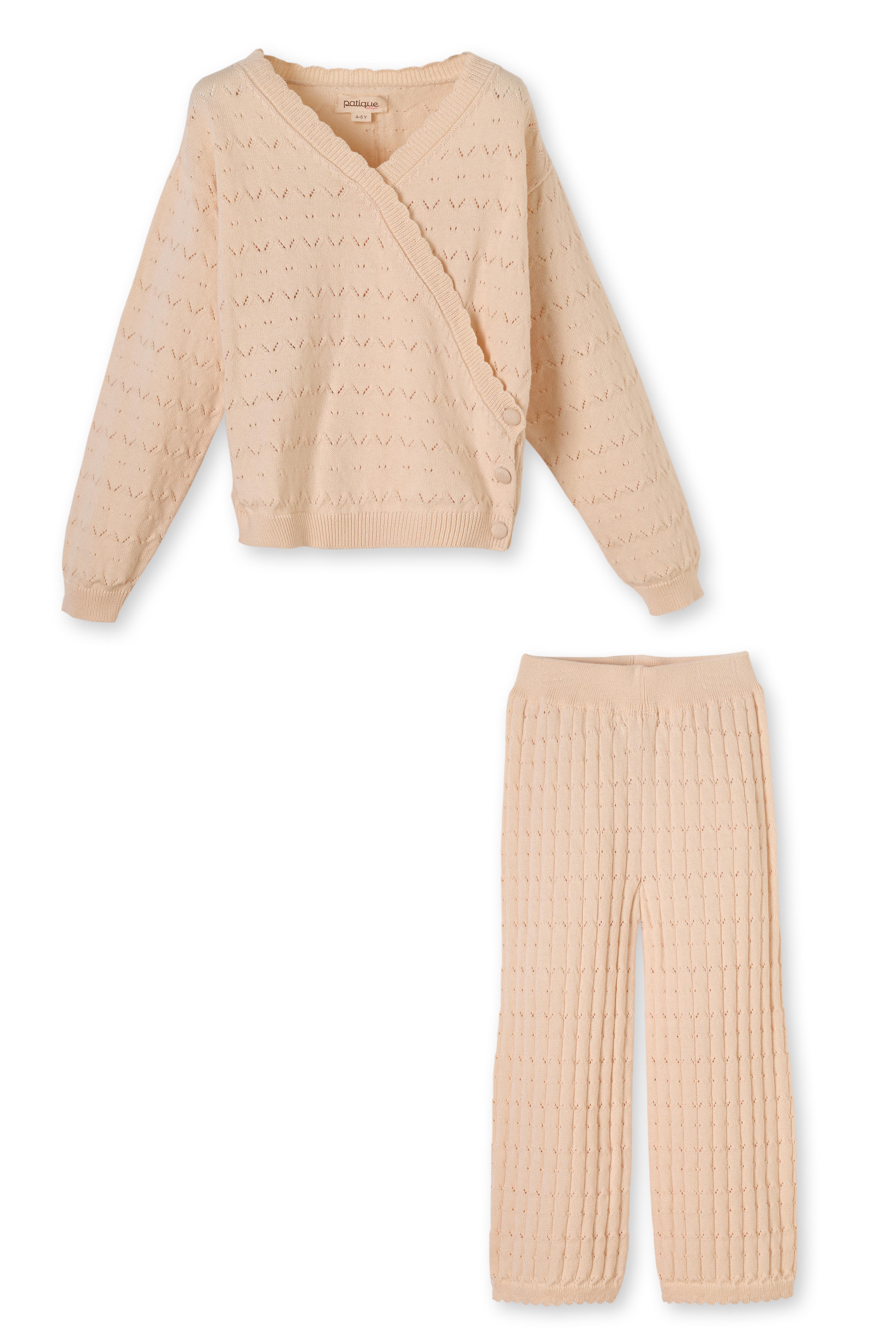 Bej Organik Pamuklu Dokuma Desenli İkili Triko Kruvaze Hırka ve Pantolon Kız Çocuk Takımı