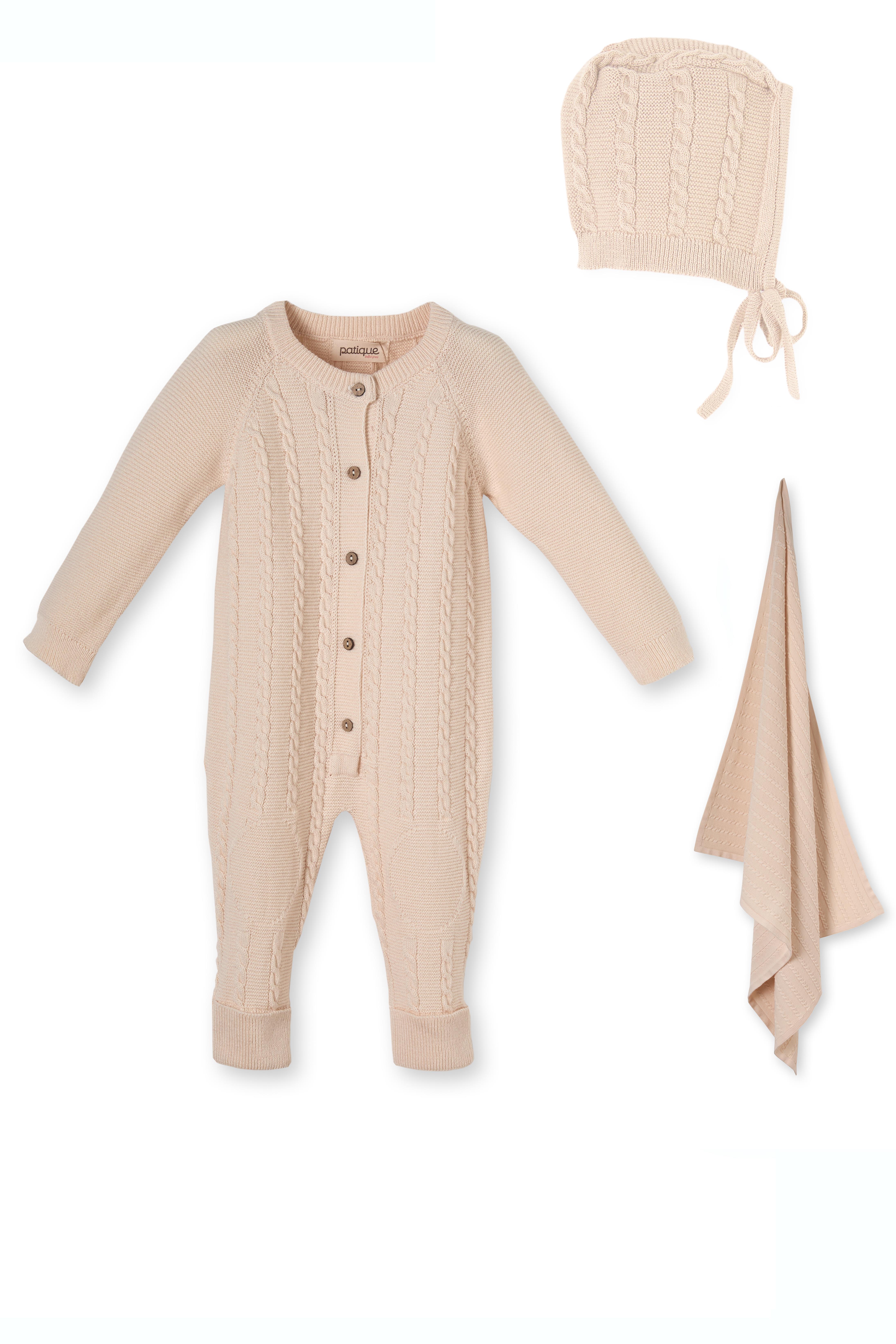 Bej Örgü Triko Organik Pamuk Yenidoğan Erkek Bebek Tulum Takımı